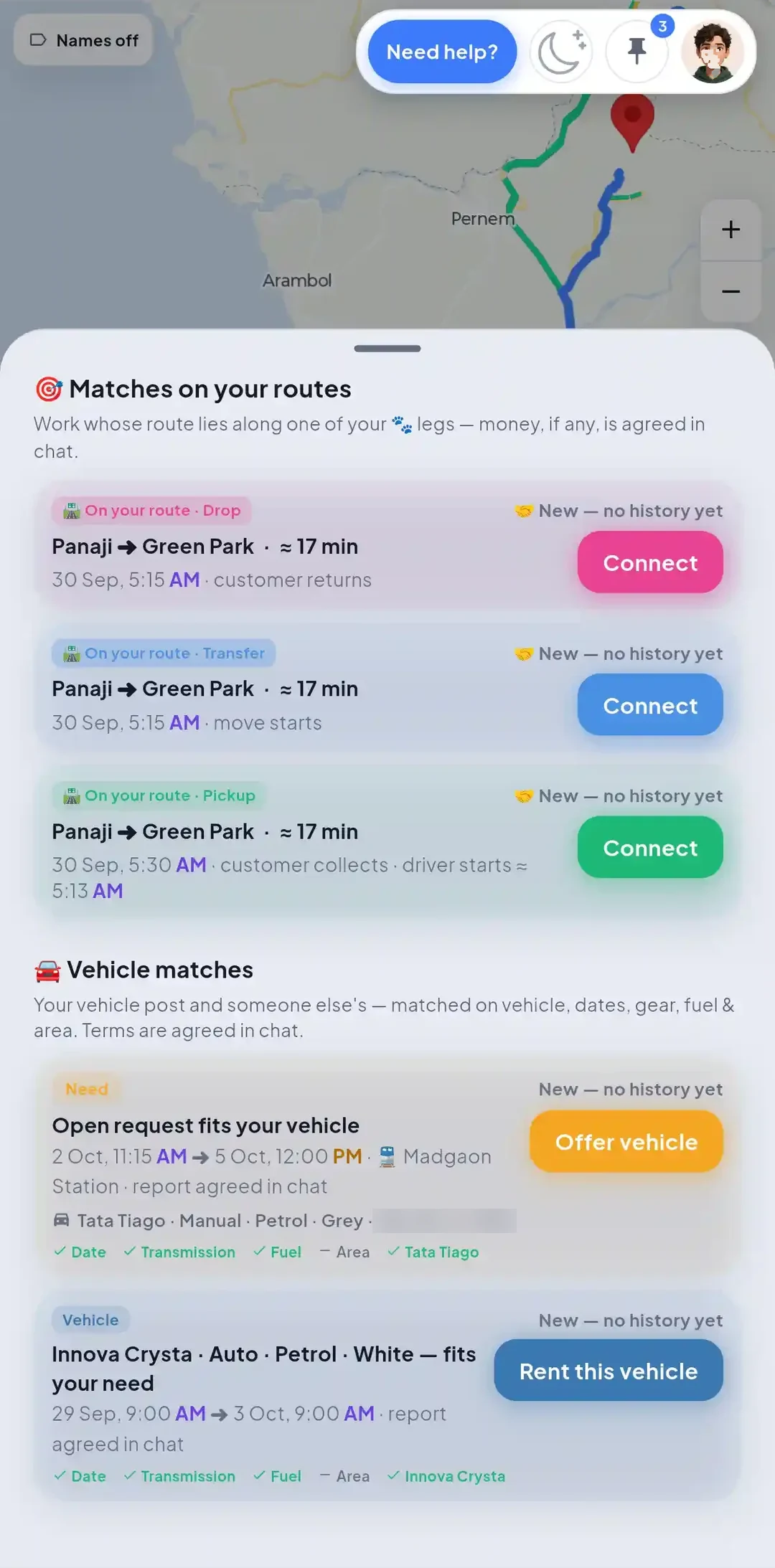QooKey Matches list pairing a post with nearby drivers