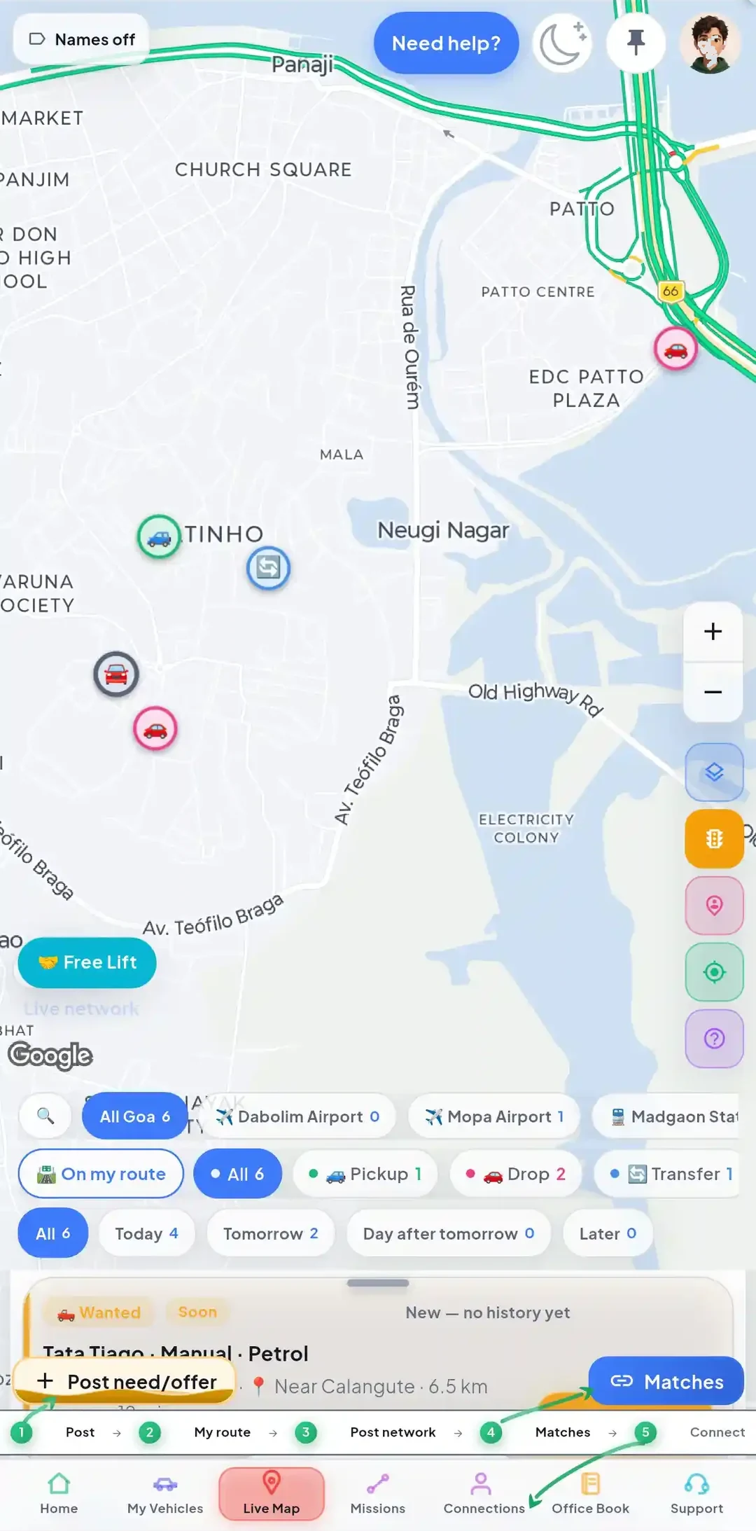 QooKey Live Map with colour-coded pins for drivers, jobs and vehicles