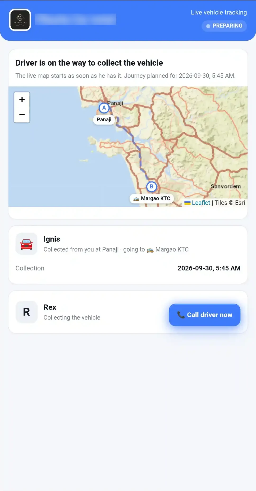 Live tracking link view that a rental customer sees