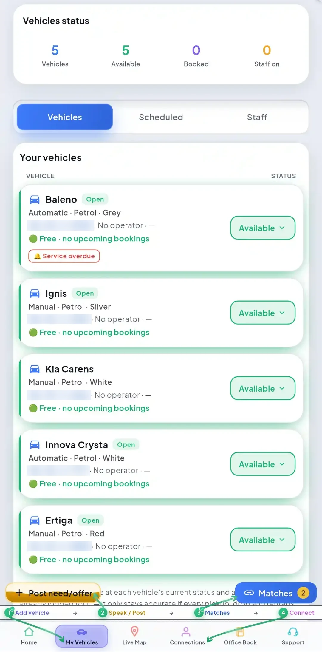 My Vehicles fleet status list