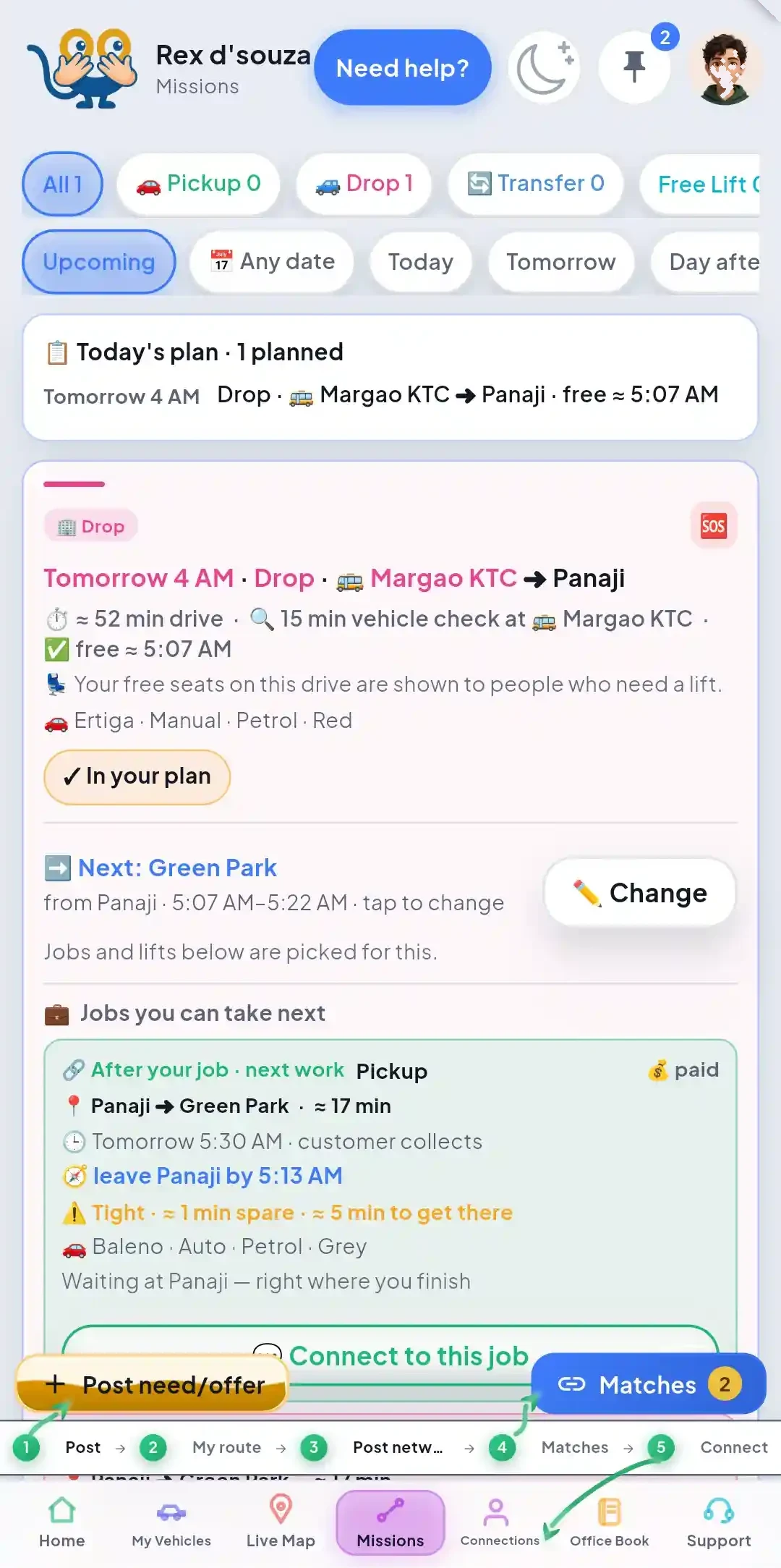 Driver Missions view showing today’s plan
