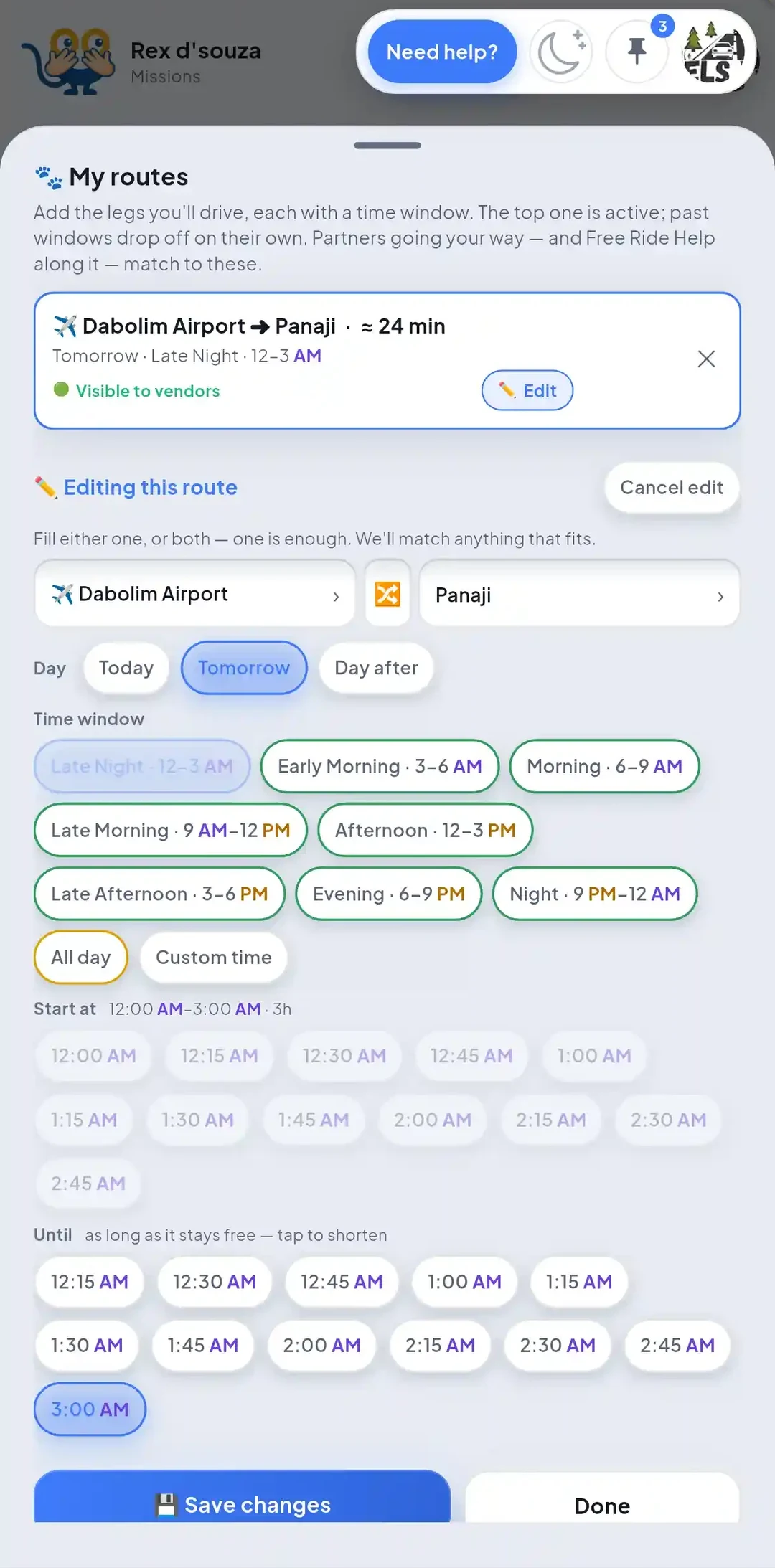 My Routes and I’m available screen