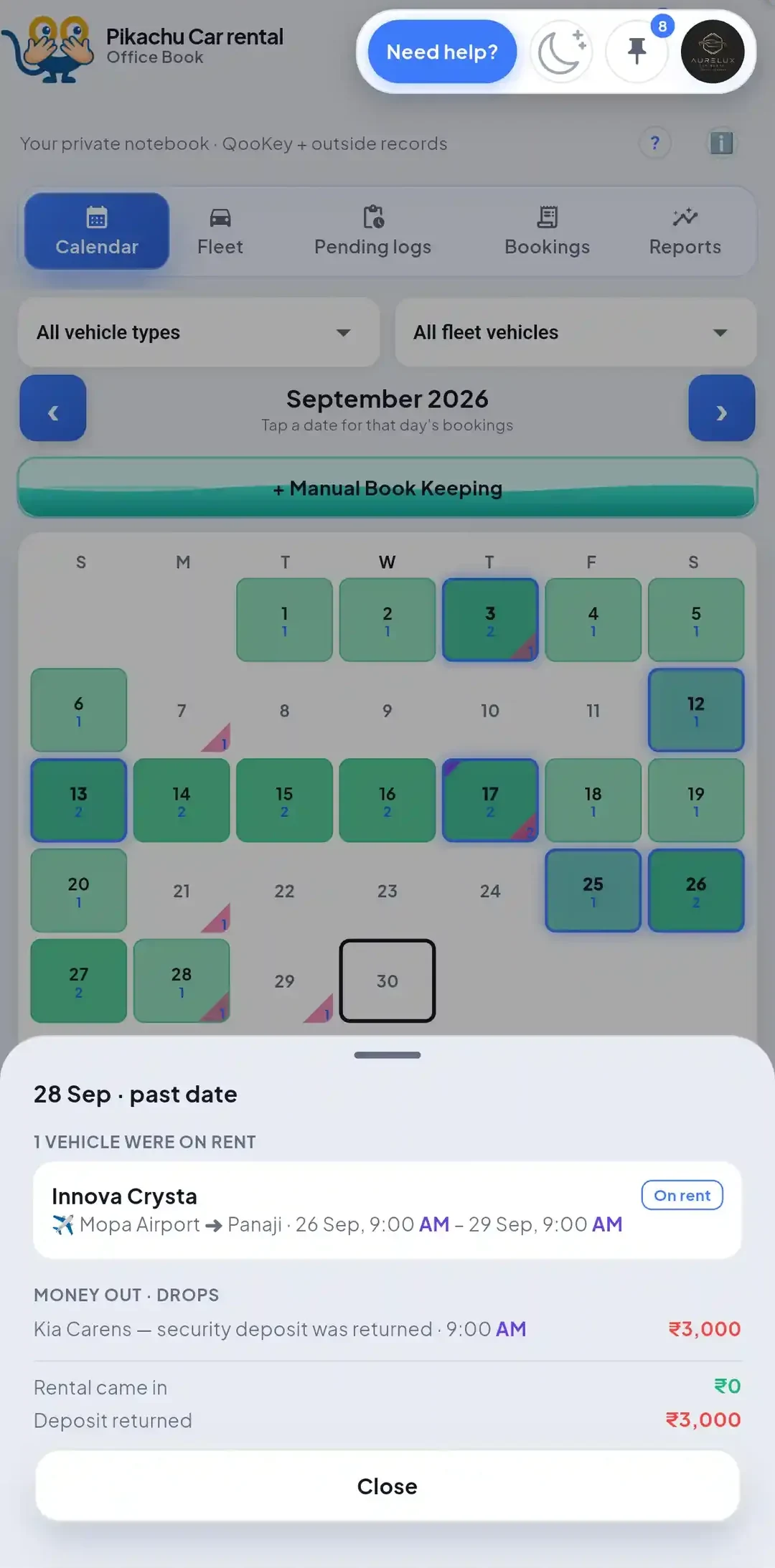 Office Book calendar with bookings on each day