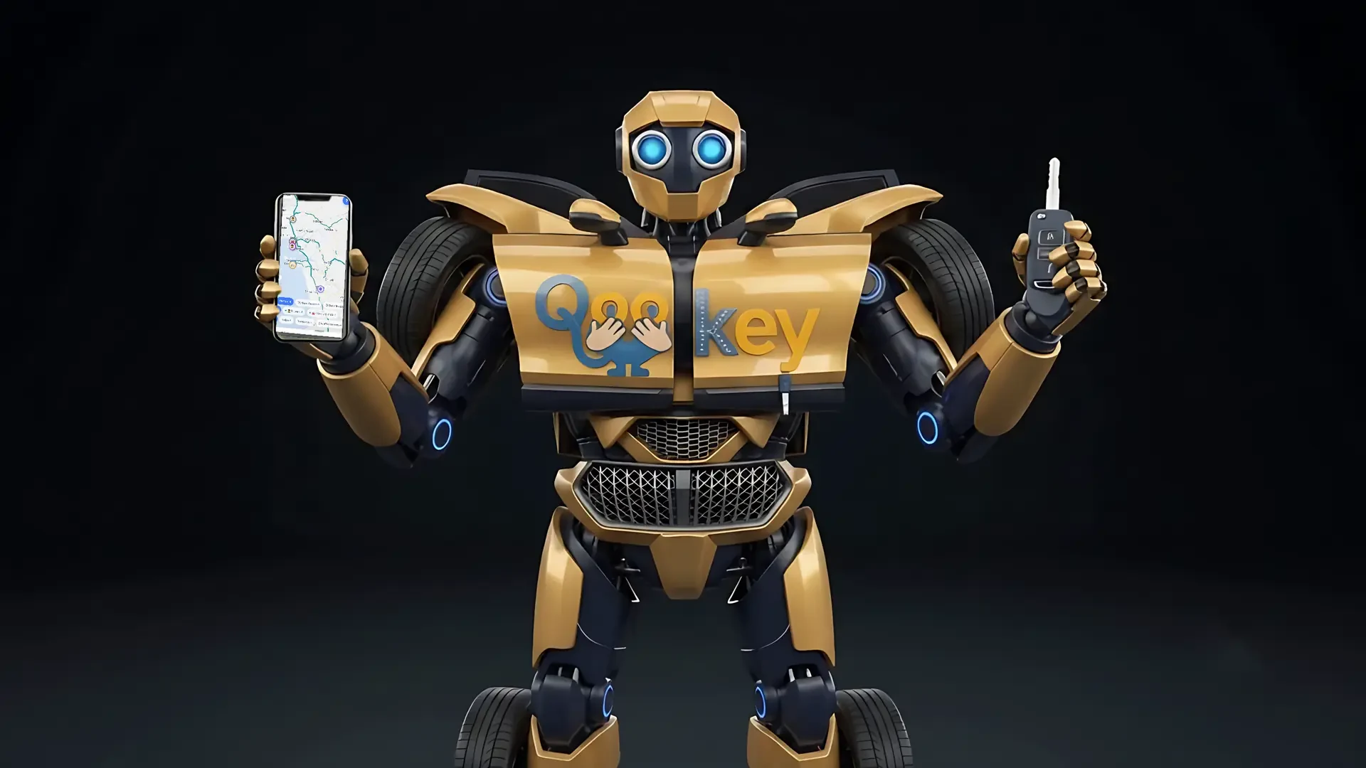 The QooKey robot holds the app and a car key