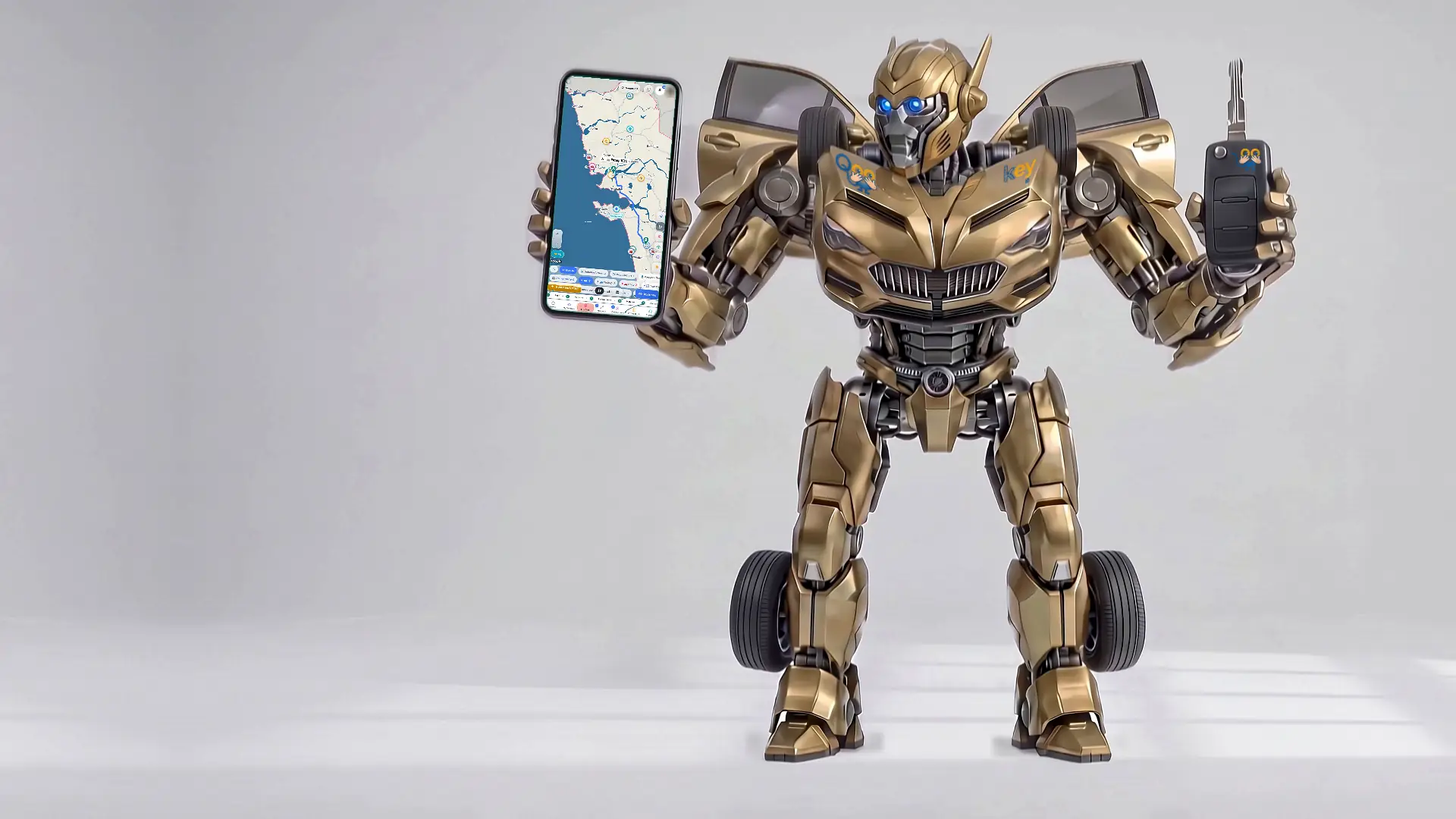 The QooKey robot holds the app and a car key